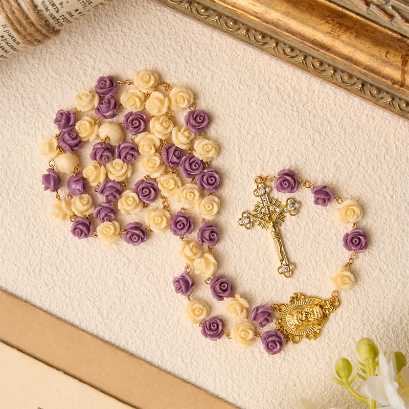 Cream Purple Rose Bead Our Lady & Jeweled Crucifix Rosary: Emblem of Gentle Heavenly Grace