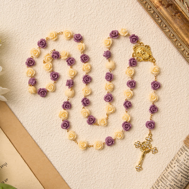 Cream Purple Rose Bead Our Lady & Jeweled Crucifix Rosary: Emblem of Gentle Heavenly Grace