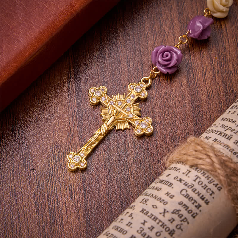 Cream Purple Rose Bead Our Lady & Jeweled Crucifix Rosary: Emblem of Gentle Heavenly Grace