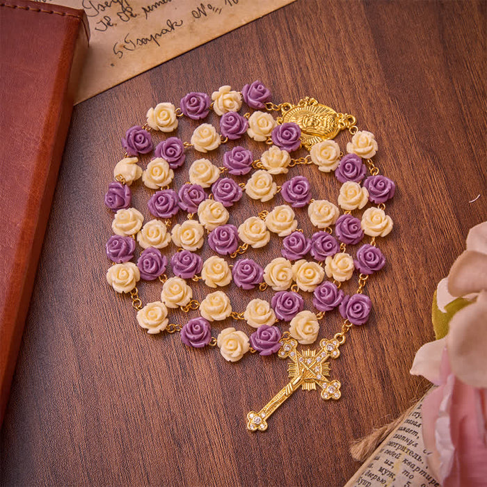 Cream Purple Rose Bead Our Lady & Jeweled Crucifix Rosary: Emblem of Gentle Heavenly Grace