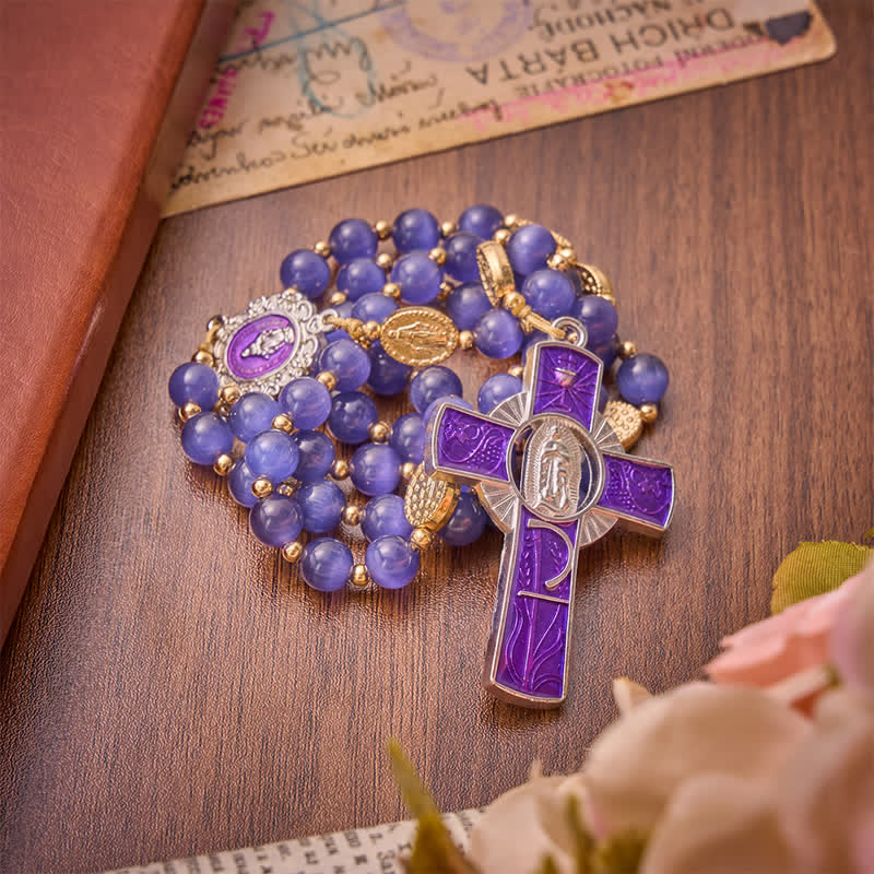 Purple Cat's Eye Beads Enamel-Inlaid Cross Our Lady Rosary: Sign of Quiet Heavenly Blessing