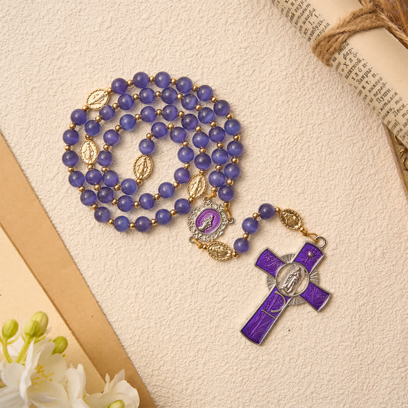 Purple Cat's Eye Beads Enamel-Inlaid Cross Our Lady Rosary: Sign of Quiet Heavenly Blessing