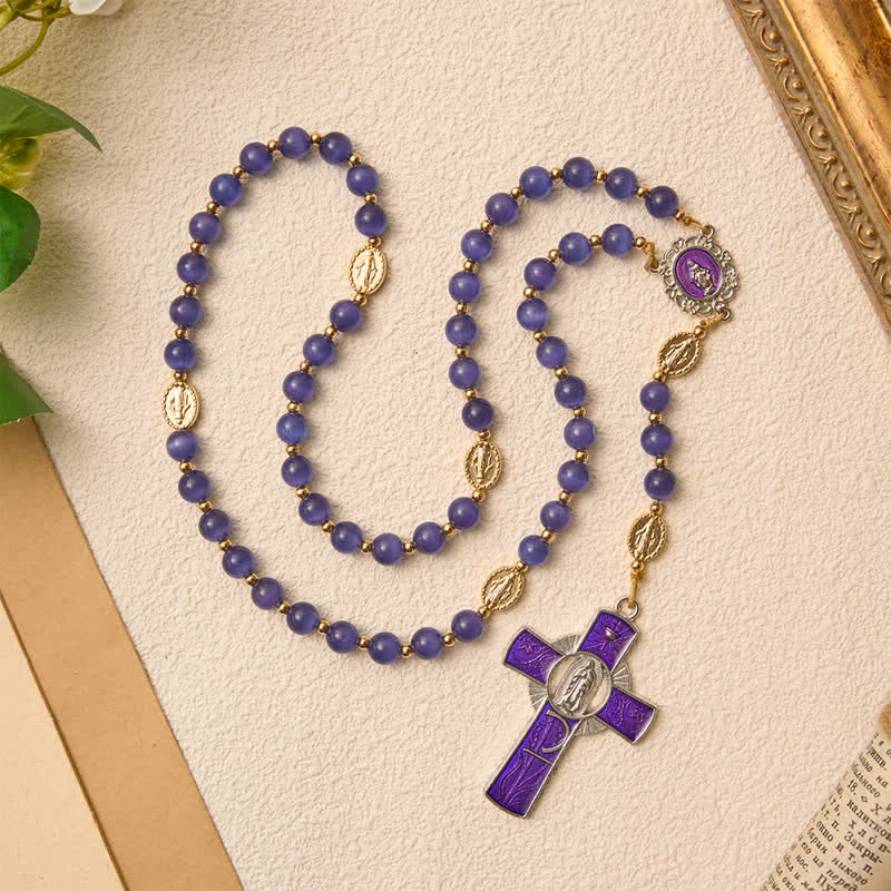 Purple Cat's Eye Beads Enamel-Inlaid Cross Our Lady Rosary: Sign of Quiet Heavenly Blessing