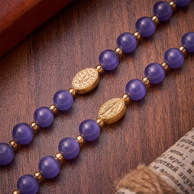 Purple Cat's Eye Beads Enamel-Inlaid Cross Our Lady Rosary: Sign of Quiet Heavenly Blessing