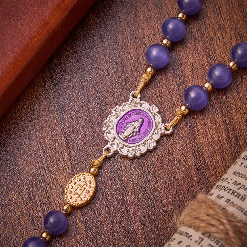 Purple Cat's Eye Beads Enamel-Inlaid Cross Our Lady Rosary: Sign of Quiet Heavenly Blessing
