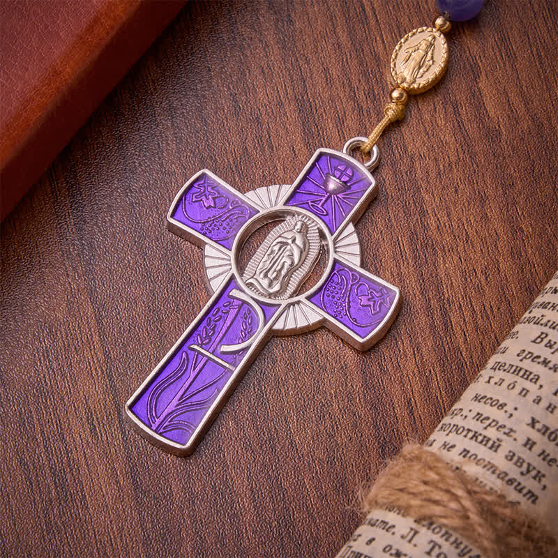 Purple Cat's Eye Beads Enamel-Inlaid Cross Our Lady Rosary: Sign of Quiet Heavenly Blessing