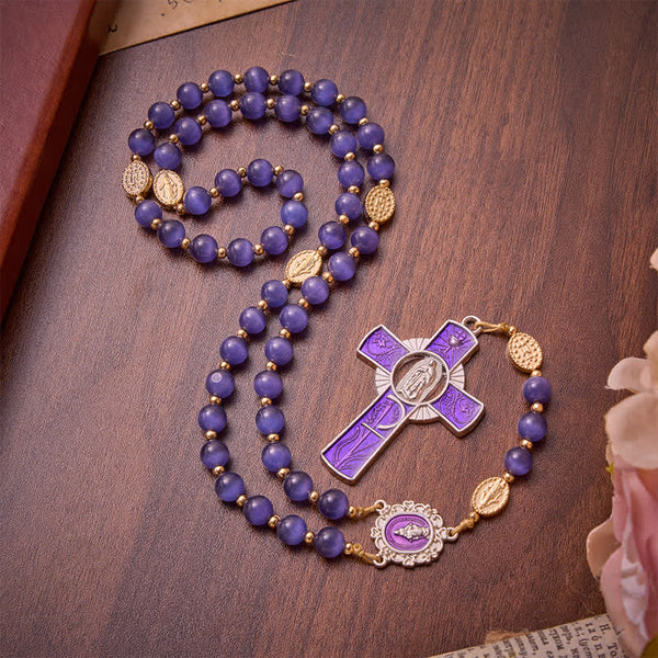 Purple Cat's Eye Beads Enamel-Inlaid Cross Our Lady Rosary: Sign of Quiet Heavenly Blessing