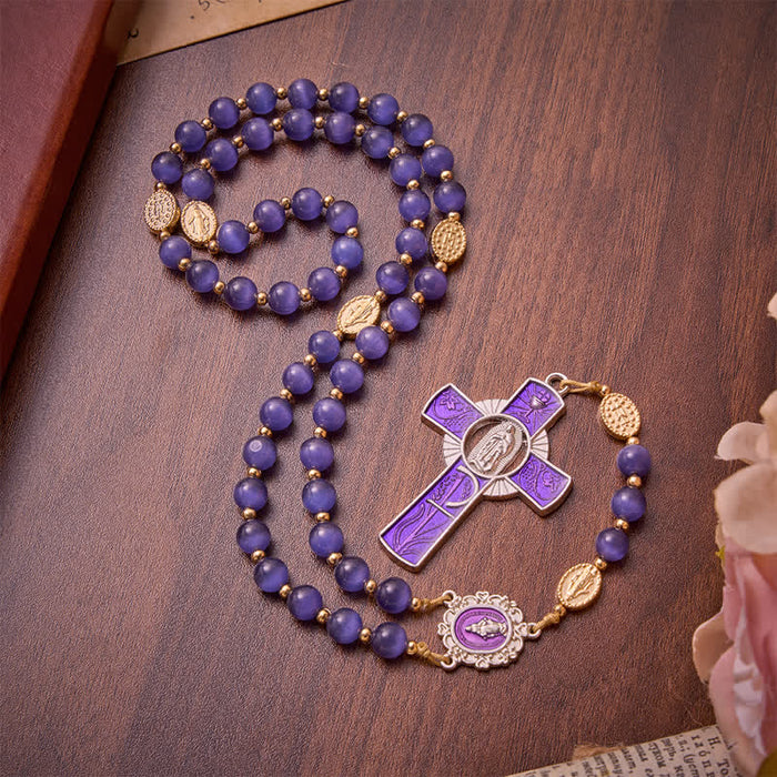 Purple Cat's Eye Beads Enamel-Inlaid Cross Our Lady Rosary: Sign of Quiet Heavenly Blessing