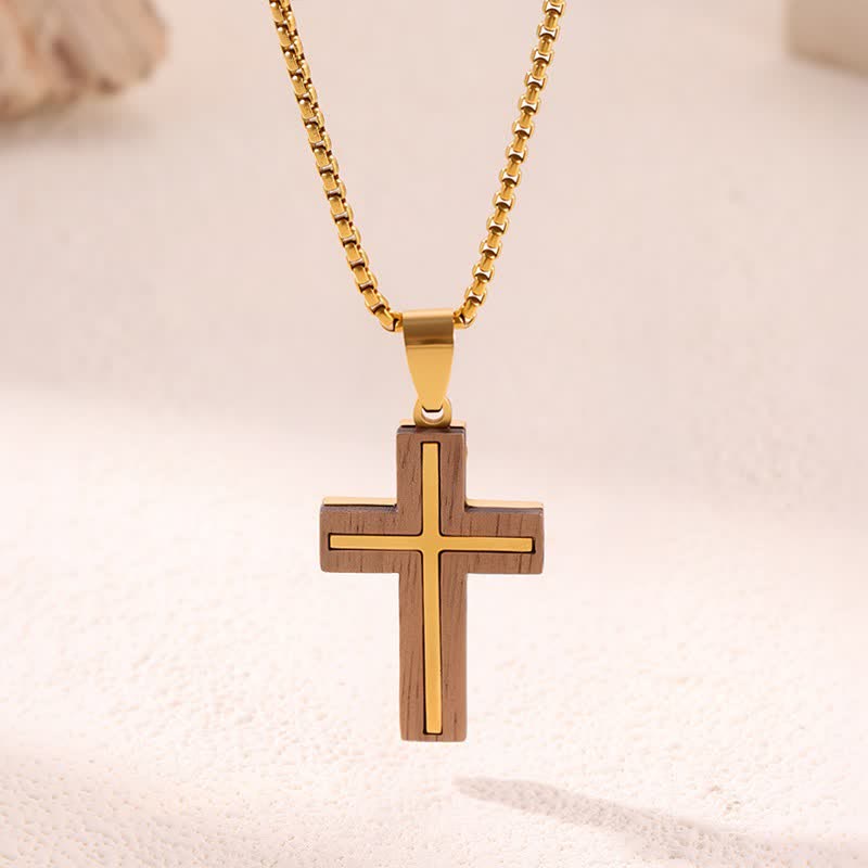 Natural Wood Inset Stainless Steel Cross Necklace: Sign of Gentle Celestial Shelter