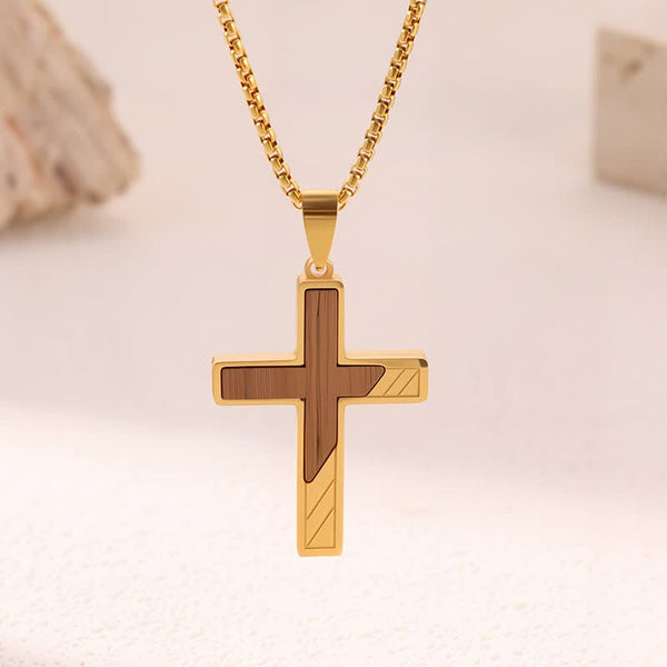 Natural Wood Inset Stainless Steel Cross Necklace: Sign of Gentle Celestial Shelter