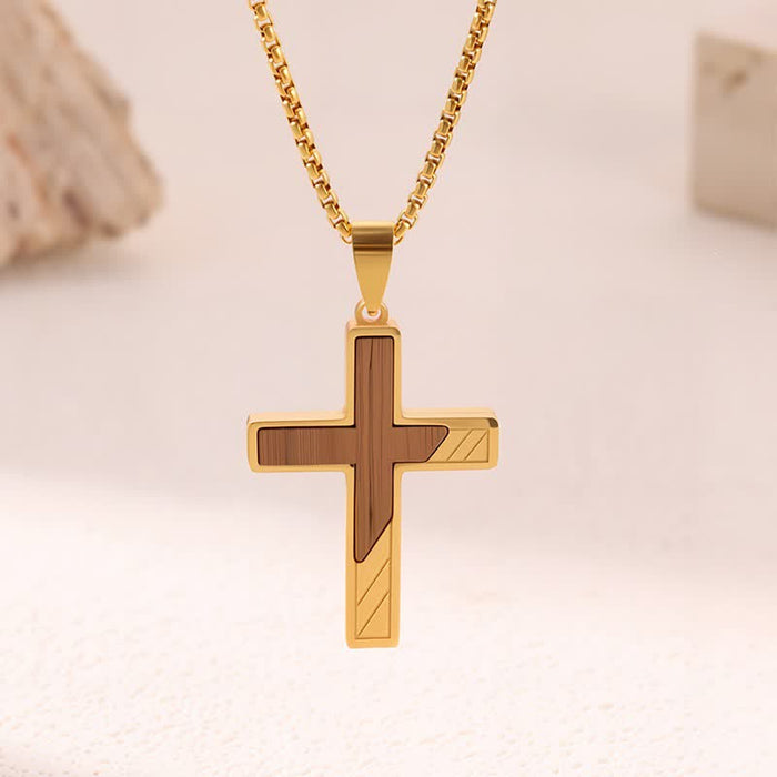 Natural Wood Inset Stainless Steel Cross Necklace: Sign of Gentle Celestial Shelter