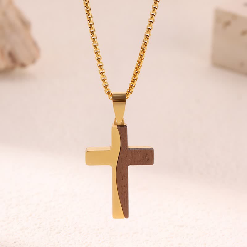 Natural Wood Inset Stainless Steel Cross Necklace: Sign of Gentle Celestial Shelter