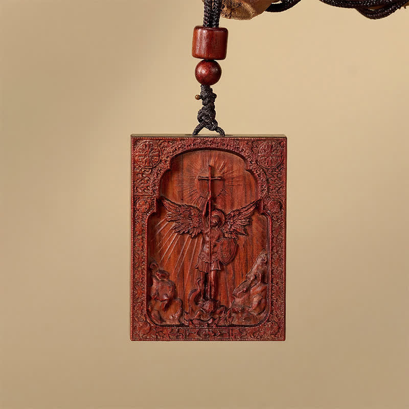 Sacred St. Michael Wood Carved Necklace: Emblem of Steadfast Divine Deliverance