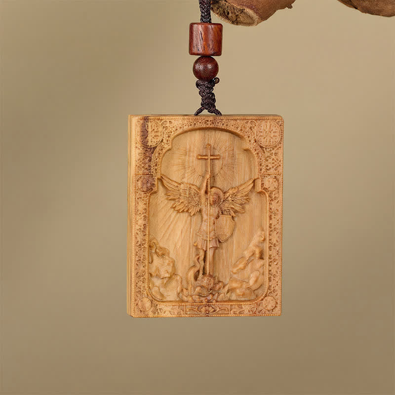 Sacred St. Michael Wood Carved Necklace: Emblem of Steadfast Divine Deliverance