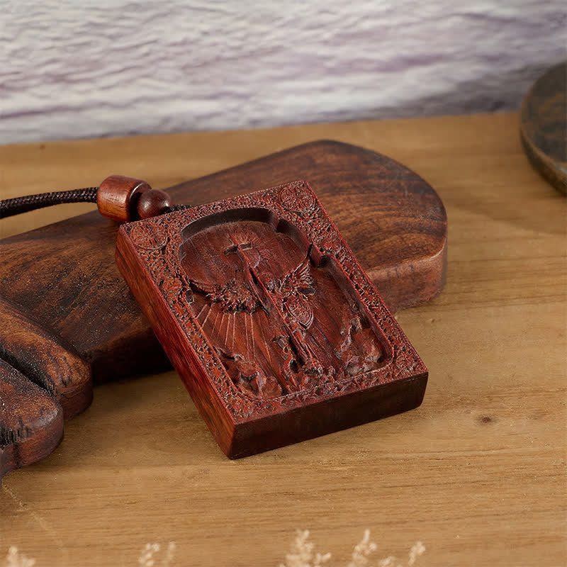 Sacred St. Michael Wood Carved Necklace: Emblem of Steadfast Divine Deliverance