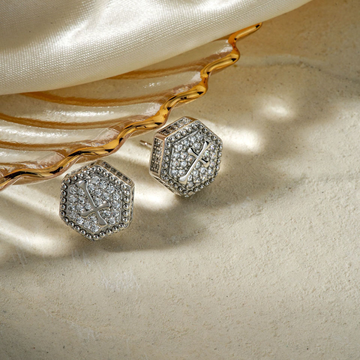 Minimal Sacred Hexagon Cross Stud Earrings: Sign Of Soft Timeless Sacred Solace