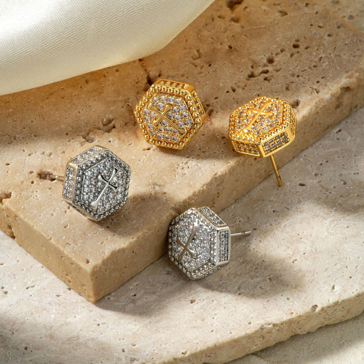 Minimal Sacred Hexagon Cross Stud Earrings: Sign Of Soft Timeless Sacred Solace
