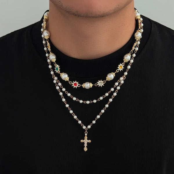 Tiered Faux Pearl Cross Chain: Token of Gentle Divine Protection