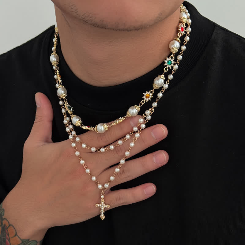 Tiered Faux Pearl Cross Chain: Token of Gentle Divine Protection
