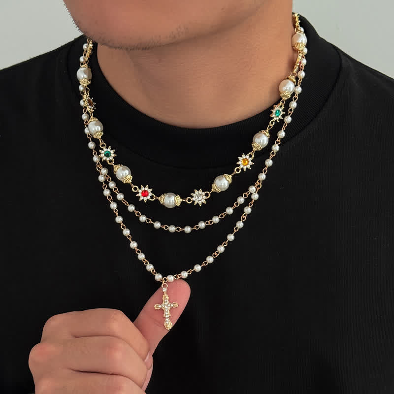 Tiered Faux Pearl Cross Chain: Token of Gentle Divine Protection