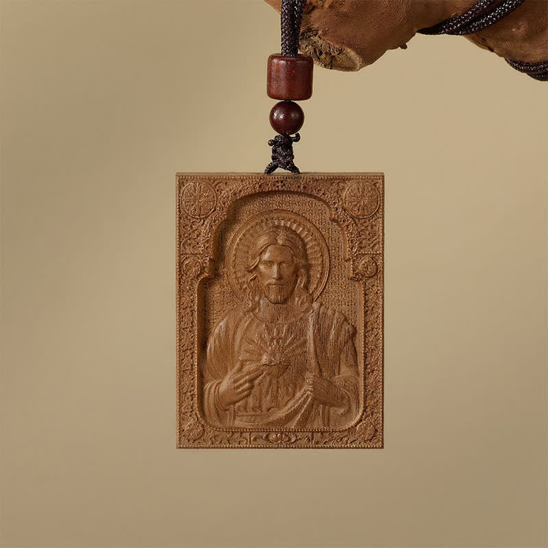 Framed Relief Wooden Jesus Pendant: Vessel of Timeless Sacred Grace