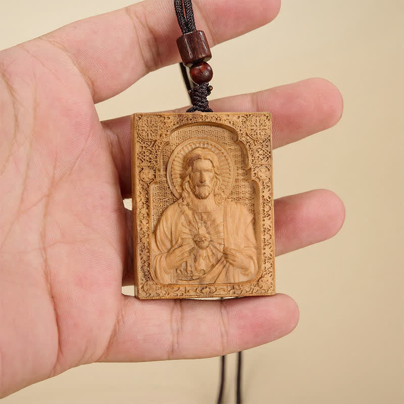 Framed Relief Wooden Jesus Pendant: Vessel of Timeless Sacred Grace