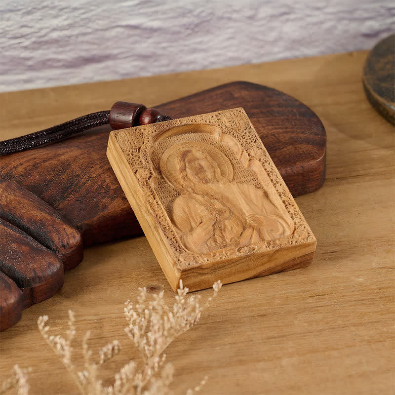 Framed Relief Wooden Jesus Pendant: Vessel of Timeless Sacred Grace