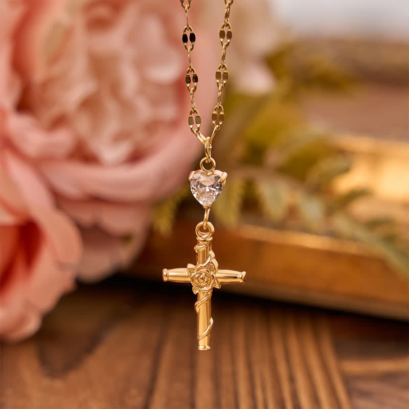Slim Sparkling Heart Gem Rose Cross Necklace: Vessel of Gentle Celestial Warmth