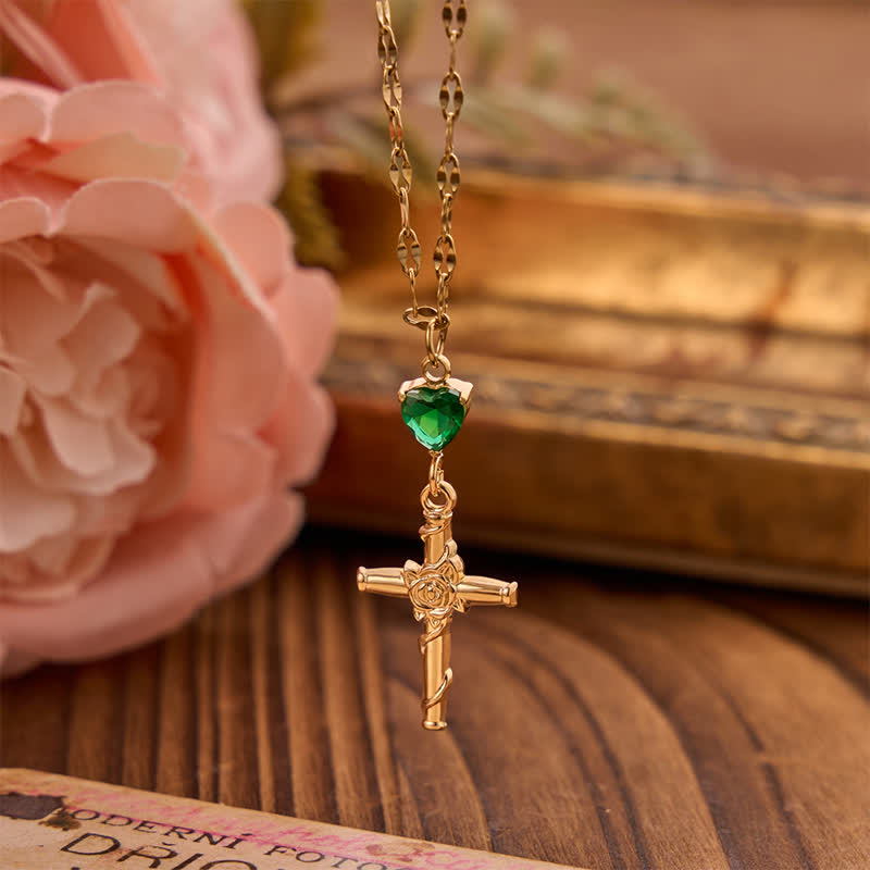 Slim Sparkling Heart Gem Rose Cross Necklace: Vessel of Gentle Celestial Warmth