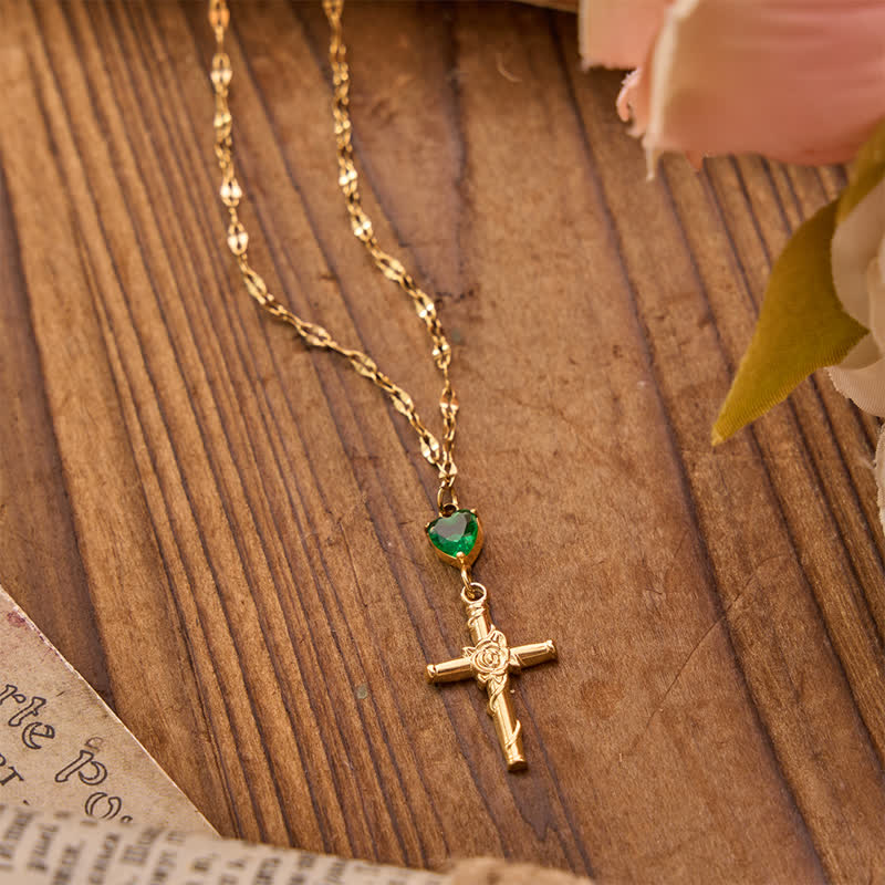 Slim Sparkling Heart Gem Rose Cross Necklace: Vessel of Gentle Celestial Warmth