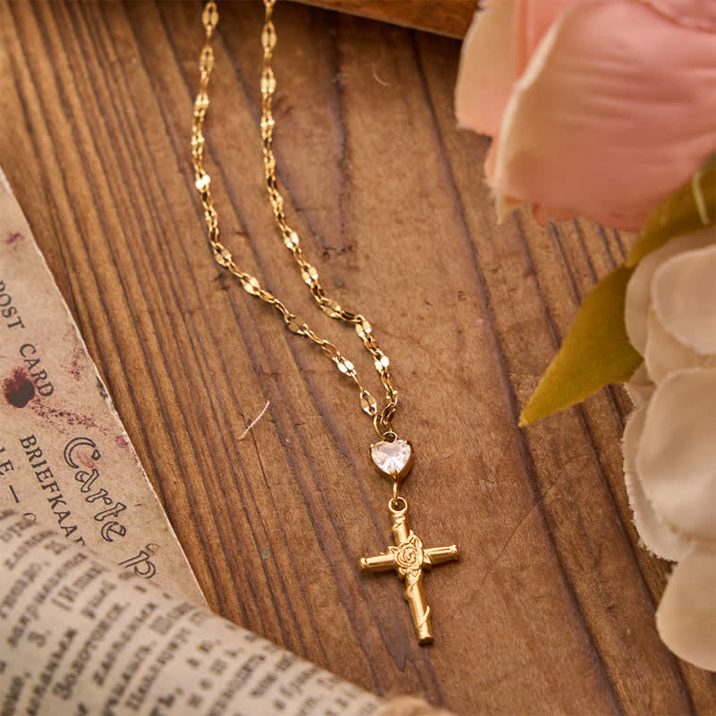 Slim Sparkling Heart Gem Rose Cross Necklace: Vessel of Gentle Celestial Warmth