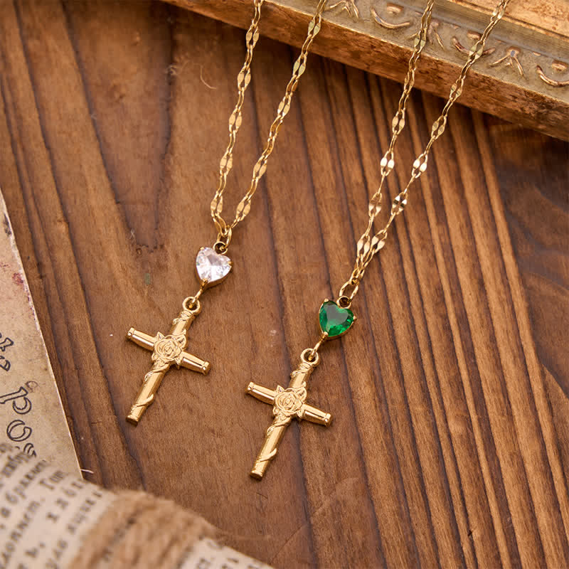Slim Sparkling Heart Gem Rose Cross Necklace: Vessel of Gentle Celestial Warmth