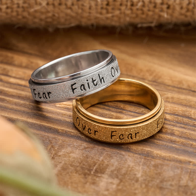 Faith Over Fear Rotatable Spinner Stainless Fidget Ring: Sacred Courage Symbol