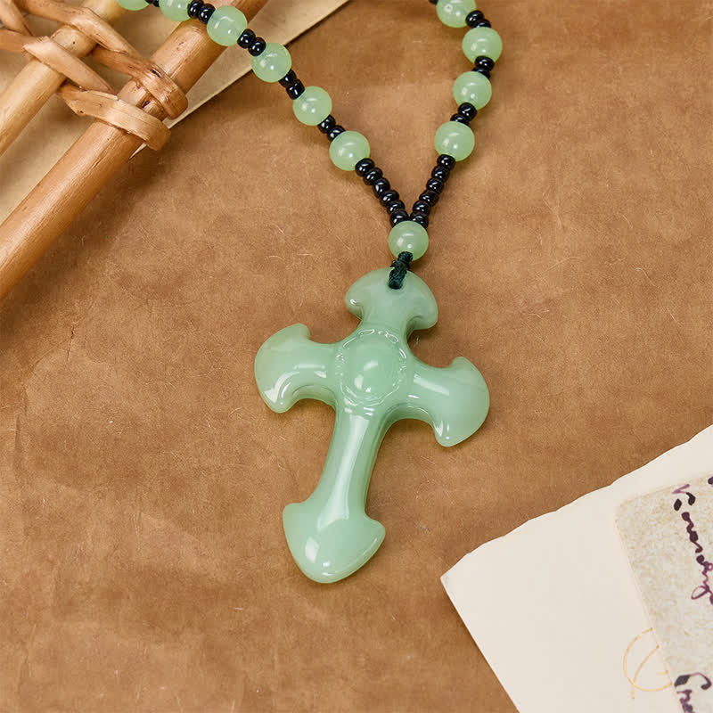 Polished Relief Glass Cross Bead Pendant: Sign of Steady Divine Guardianship