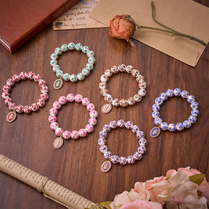 Multi‑Pattern Porcelain Bead Prayer Rosary & Our Lady Devotion Emblem: Vintage Floral Blessing