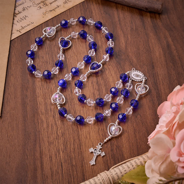 Hollow Heart Glass Rosary with Deep Blue Faceted Beads: Token of Abiding Divine Protection