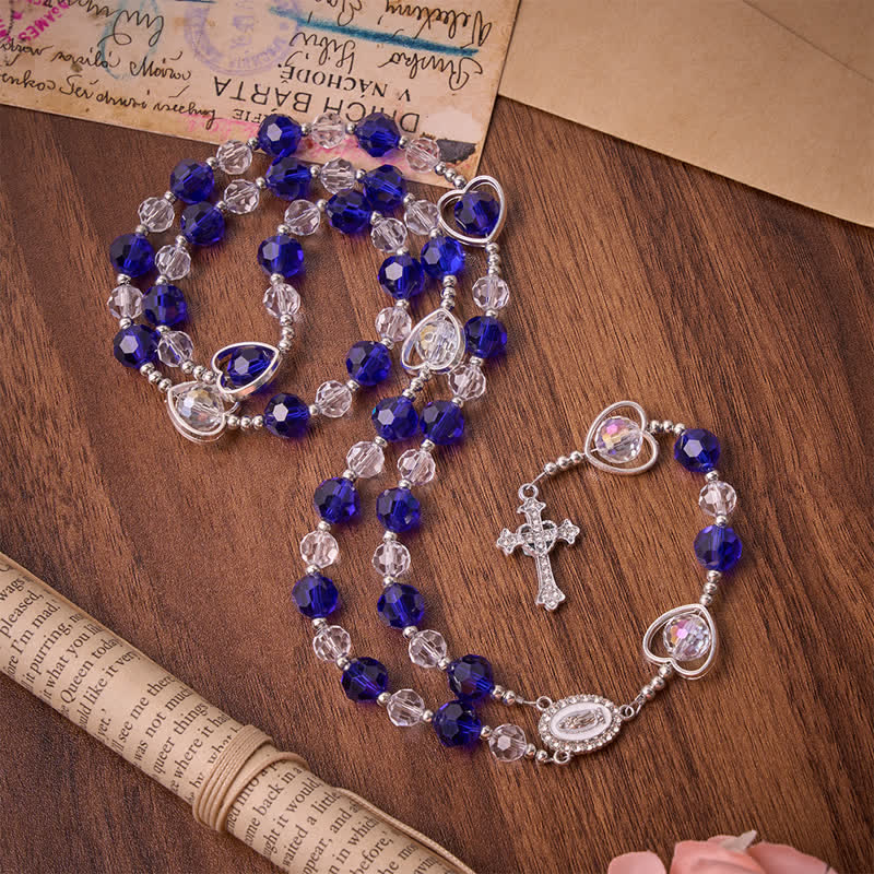 Hollow Heart Glass Rosary with Deep Blue Faceted Beads: Token of Abiding Divine Protection