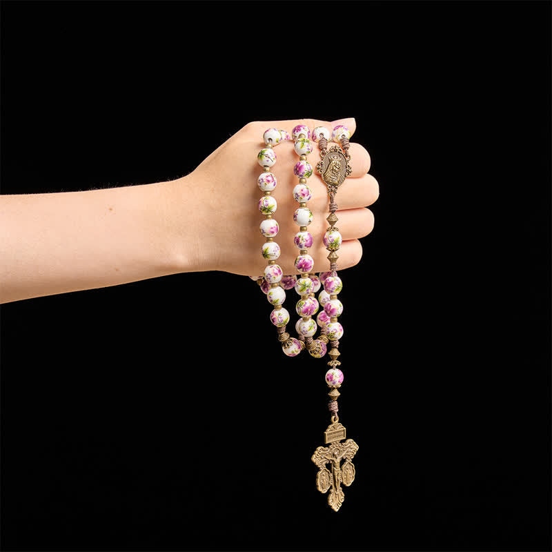 Antiqued Bronze Pink Blossom Prayer Rosary with Our Lady Medal & Crucifix