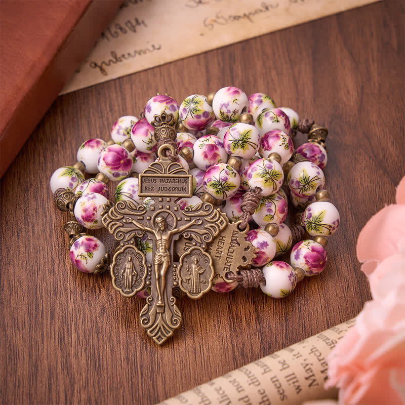 Antiqued Bronze Pink Blossom Prayer Rosary with Our Lady Medal & Crucifix