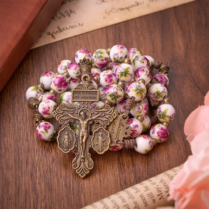 Antiqued Bronze Pink Blossom Prayer Rosary with Our Lady Medal & Crucifix