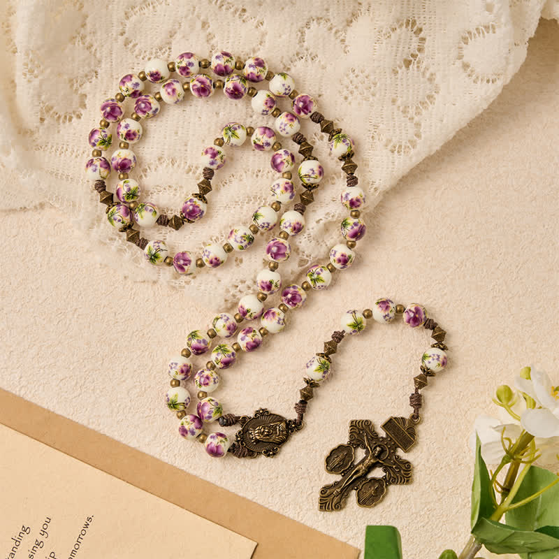 Antiqued Bronze Pink Blossom Prayer Rosary with Our Lady Medal & Crucifix