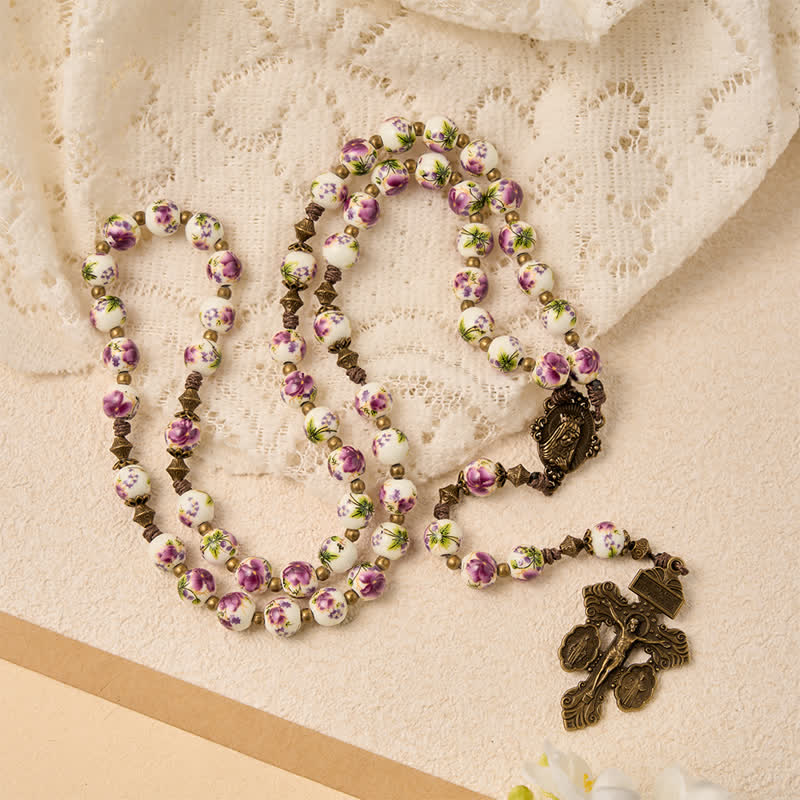 Antiqued Bronze Pink Blossom Prayer Rosary with Our Lady Medal & Crucifix