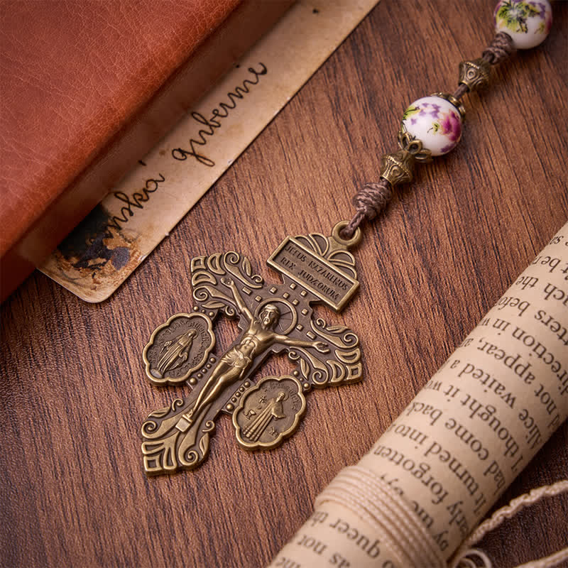 Antiqued Bronze Pink Blossom Prayer Rosary with Our Lady Medal & Crucifix