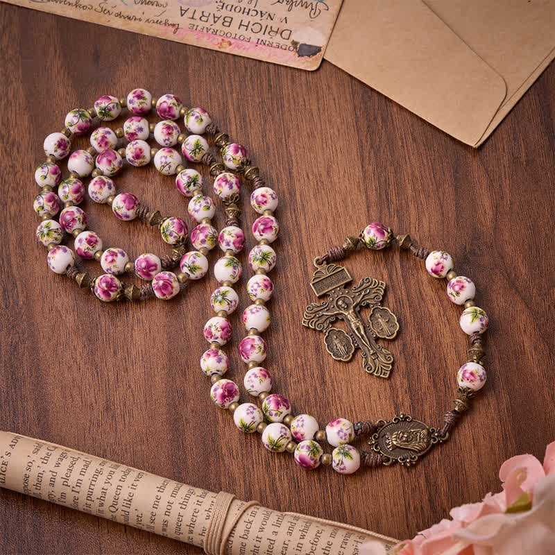 Antiqued Bronze Pink Blossom Prayer Rosary with Our Lady Medal & Crucifix