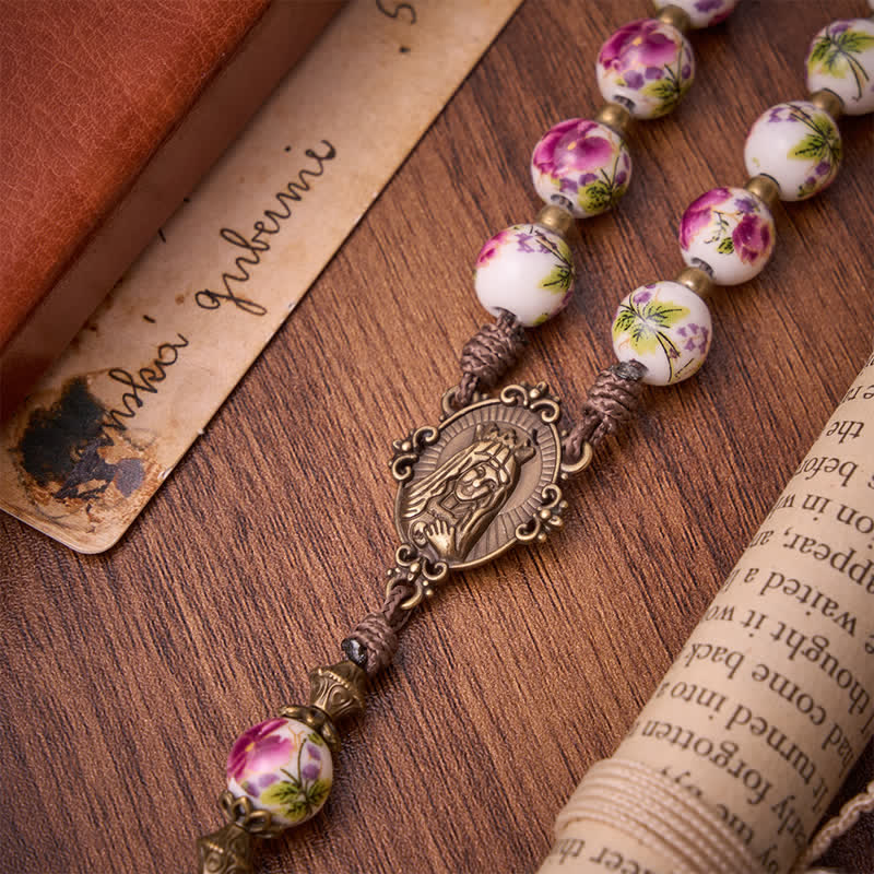 Antiqued Bronze Pink Blossom Prayer Rosary with Our Lady Medal & Crucifix