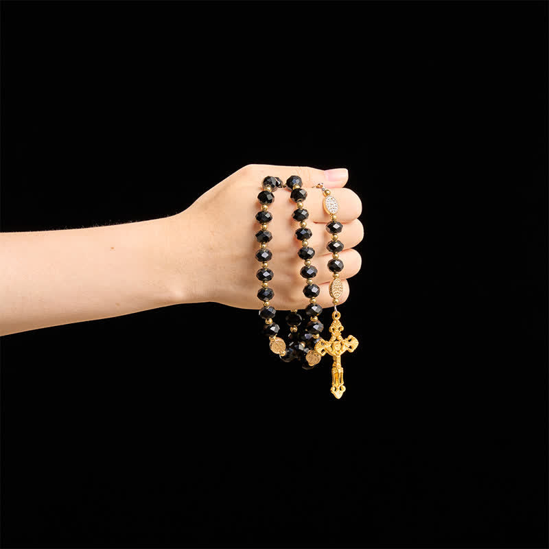 Luxe Black Faceted Glass Rosary Featuring Ornate Gilded Crucifix & Our Lady Medal