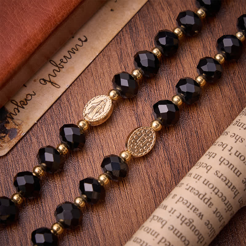 Luxe Black Faceted Glass Rosary Featuring Ornate Gilded Crucifix & Our Lady Medal