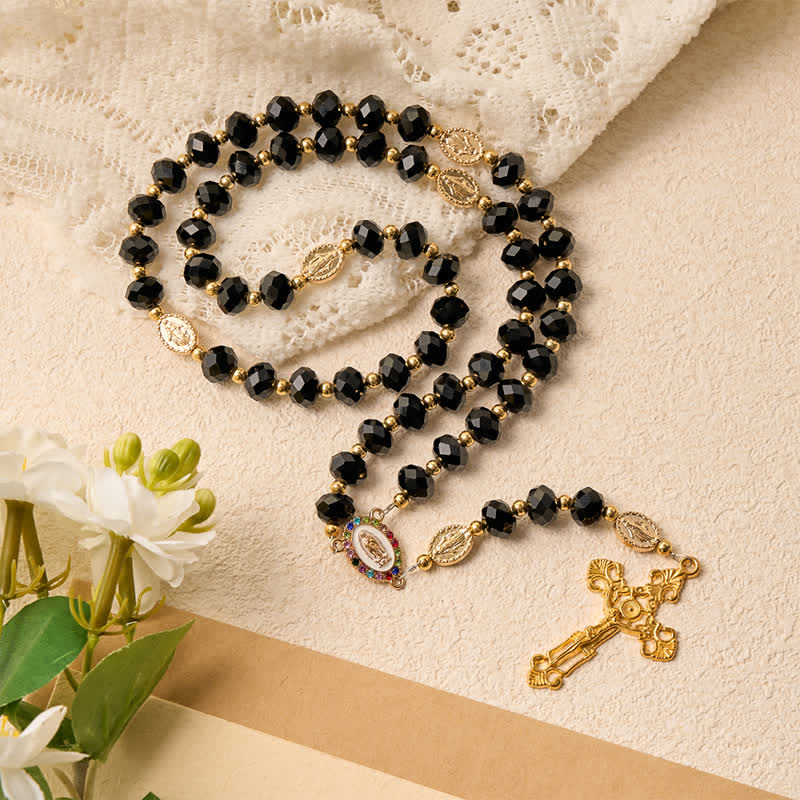 Luxe Black Faceted Glass Rosary Featuring Ornate Gilded Crucifix & Our Lady Medal