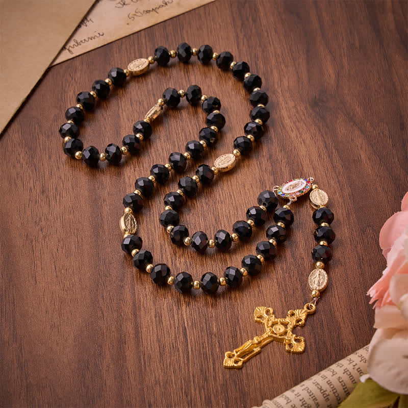 Luxe Black Faceted Glass Rosary Featuring Ornate Gilded Crucifix & Our Lady Medal