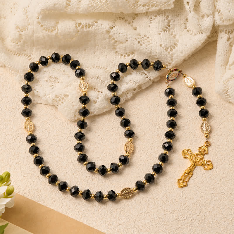 Luxe Black Faceted Glass Rosary Featuring Ornate Gilded Crucifix & Our Lady Medal